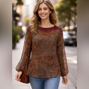 LRL Burgundy and Olive Pullover Long Sleeve Floral Blouse
